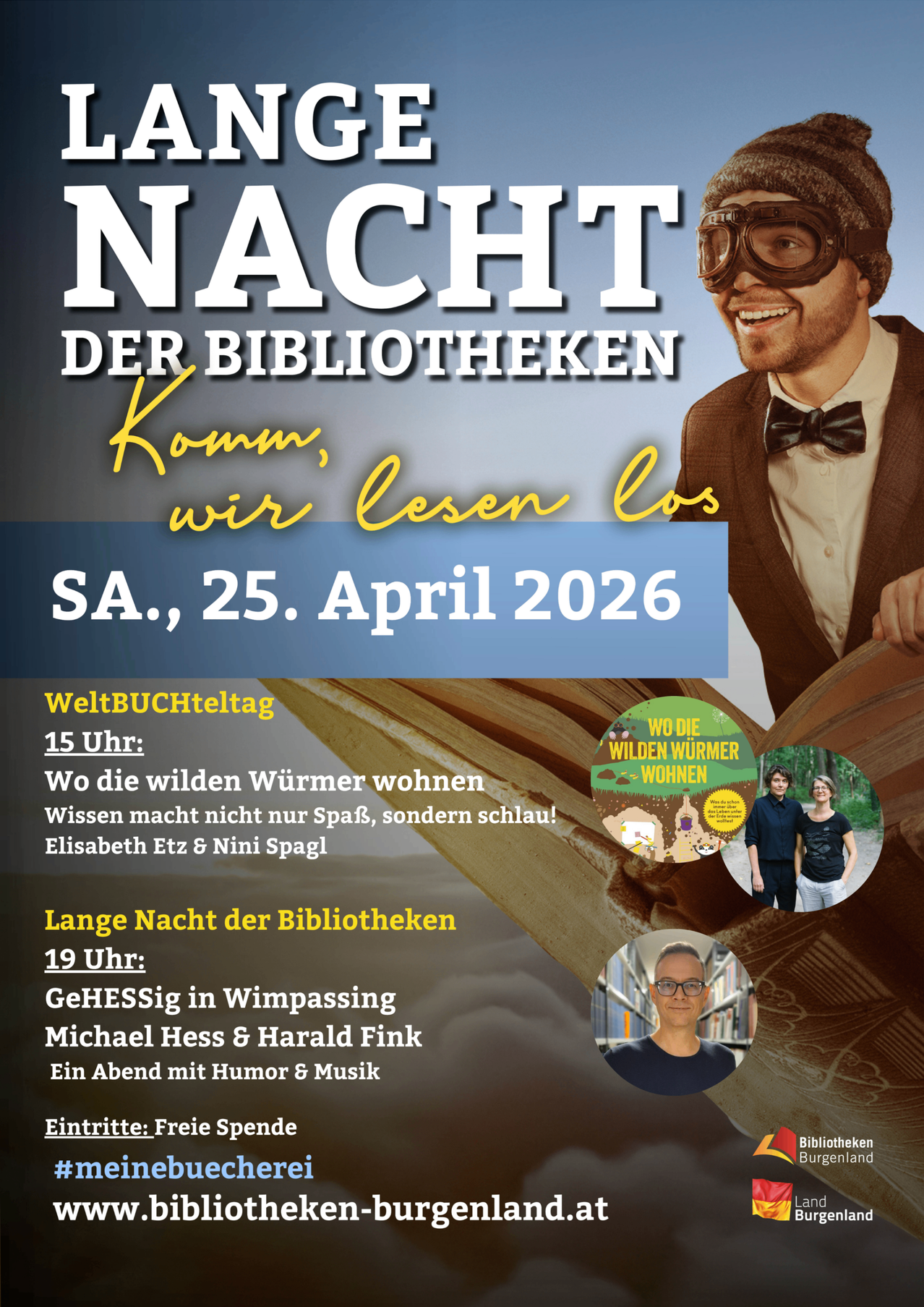 Plakat für die Nacht der Bibliotheken am 25. April 2026. Veranstaltungen umfassen 'Wo die wilden Wurmer wohnen' und 'GeHESSig in Wimpasing'.