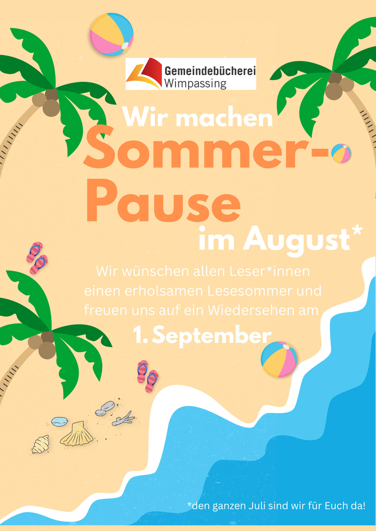 A summer break announcement poster with beach elements and a message in German.