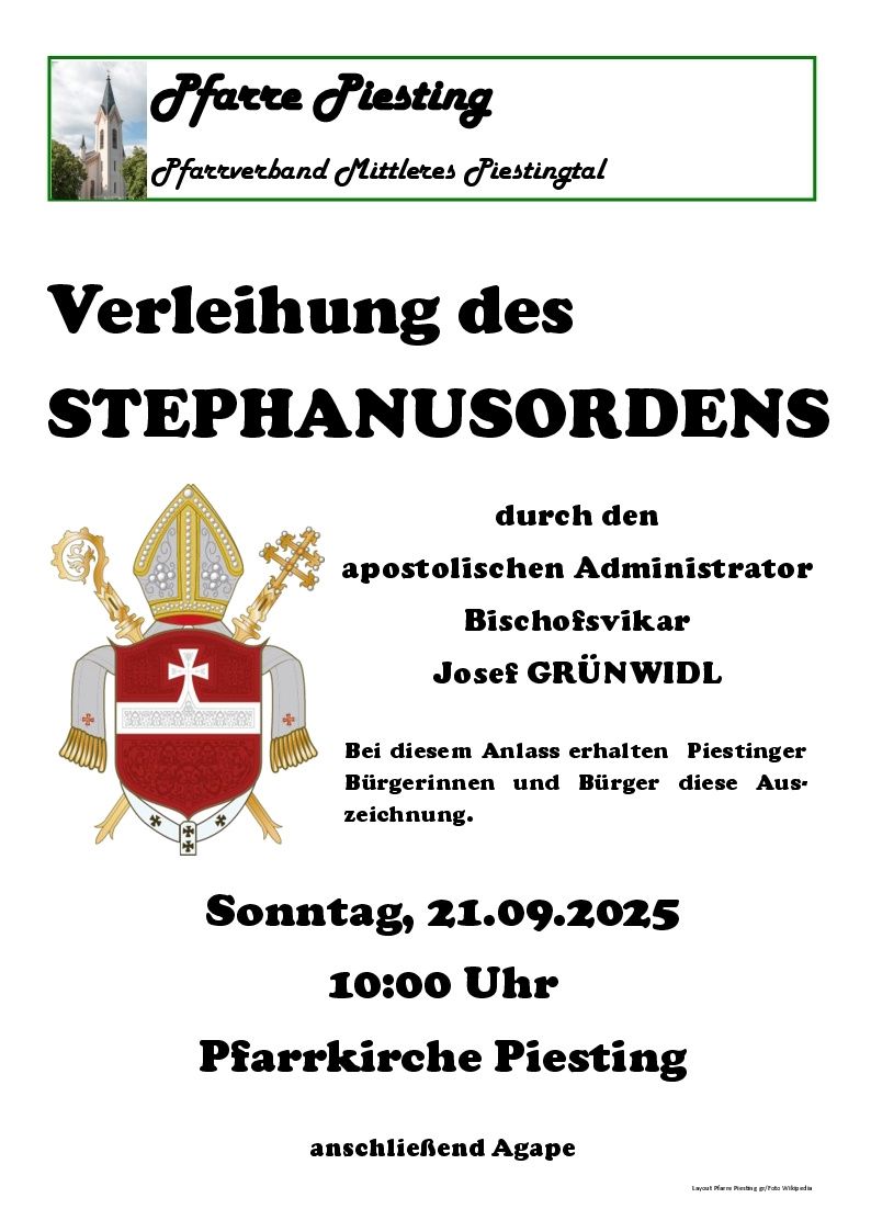 Ankündigung zur Verleihung des Stephanus-Ordens durch den Bischofsvikar Josef Grünwidl am 21.09.2025 um 10:00 Uhr. Priester, Gemeindemitglieder und Bürger erhalten diese Auszeichnung.
