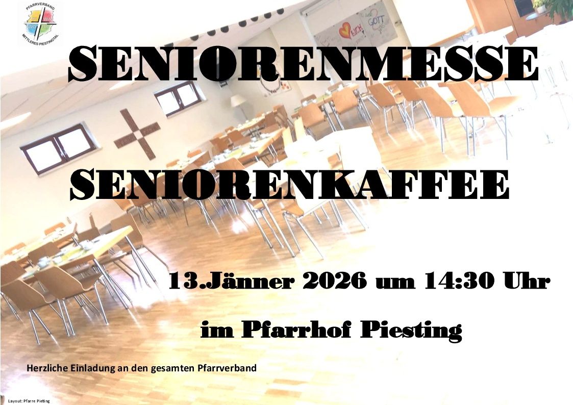 Eine Ankündigung für ein Seniorentreffen und Kaffee im Pfarrhof Piesting am 13. Jänner 2026 um 14:30. Der Raum ist mit Tischen und Stühlen gefüllt.