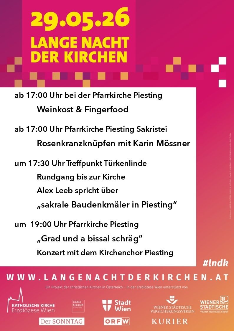 Das Bild ist ein Veranstaltungsplakat für 'Lange Nacht der Kirchen' mit Informationen über eine Wein- und Fingerfood-Veranstaltung um 17 Uhr, einen Gottesdienst um 17:30 Uhr, einen Vortrag von Alex Leeb um 19 Uhr und ein Konzert um 21 Uhr.