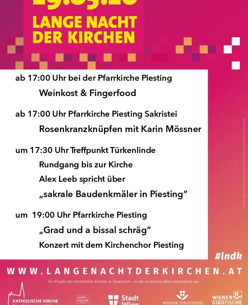 Das Bild ist ein Veranstaltungsplakat für 'Lange Nacht der Kirchen' mit Informationen über eine Wein- und Fingerfood-Veranstaltung um 17 Uhr, einen Gottesdienst um 17:30 Uhr, einen Vortrag von Alex Leeb um 19 Uhr und ein Konzert um 21 Uhr.