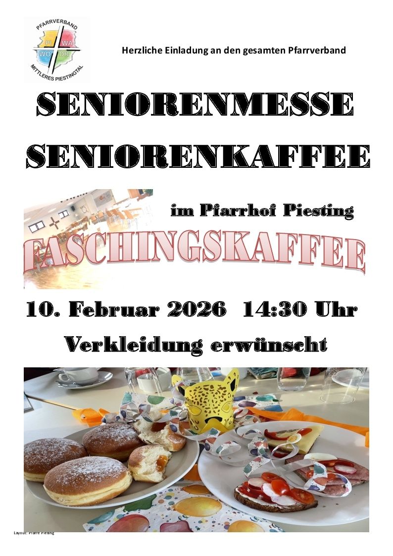 Poster for a senior gathering with pastries on a table, date is February 10, 2026, time 14:30, location is Pfarrhof Piesting.