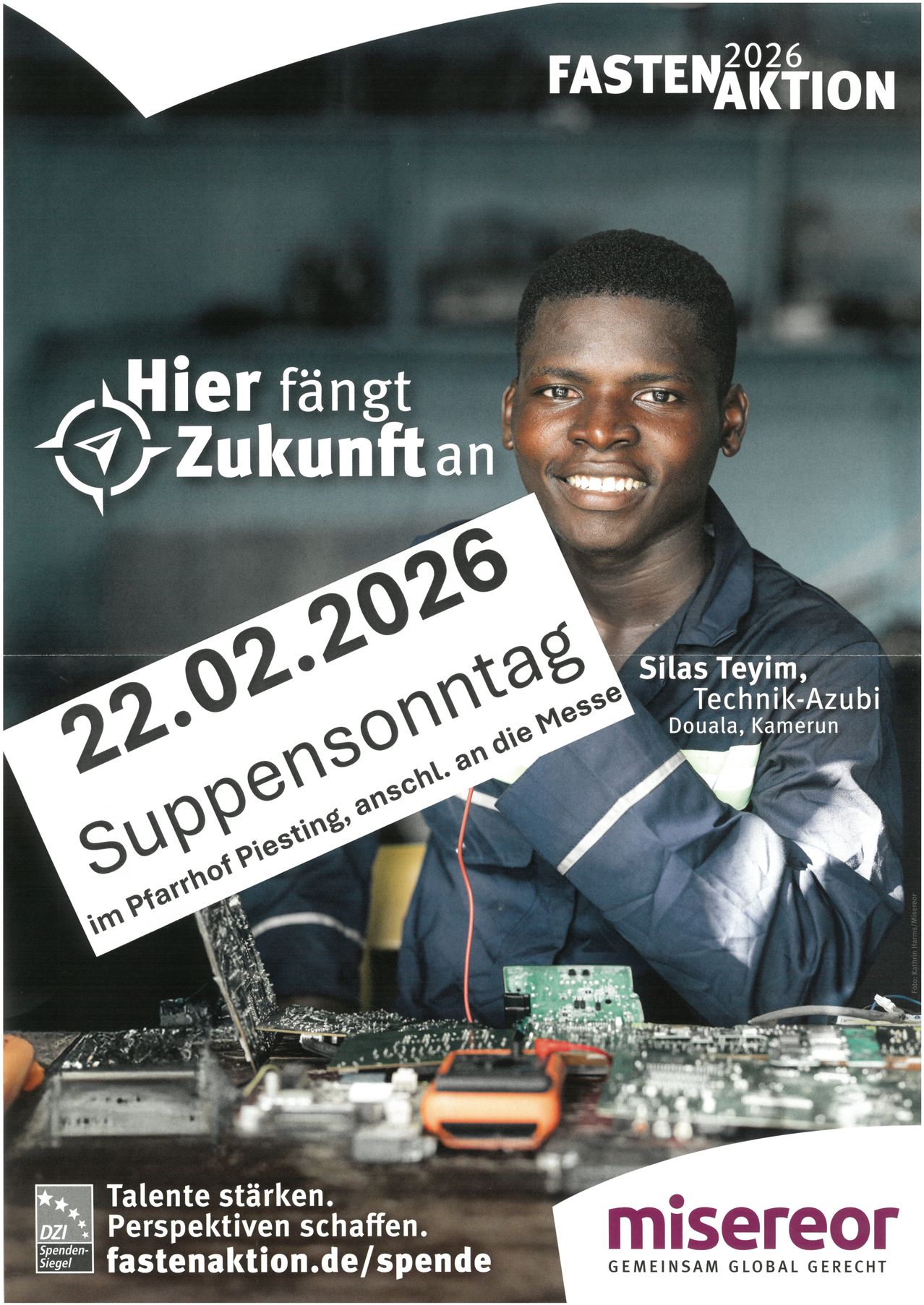 Poster featuring a smiling young man working on electronics. The date 22.02.2026 and the phrase Suspension Sunday are displayed.
