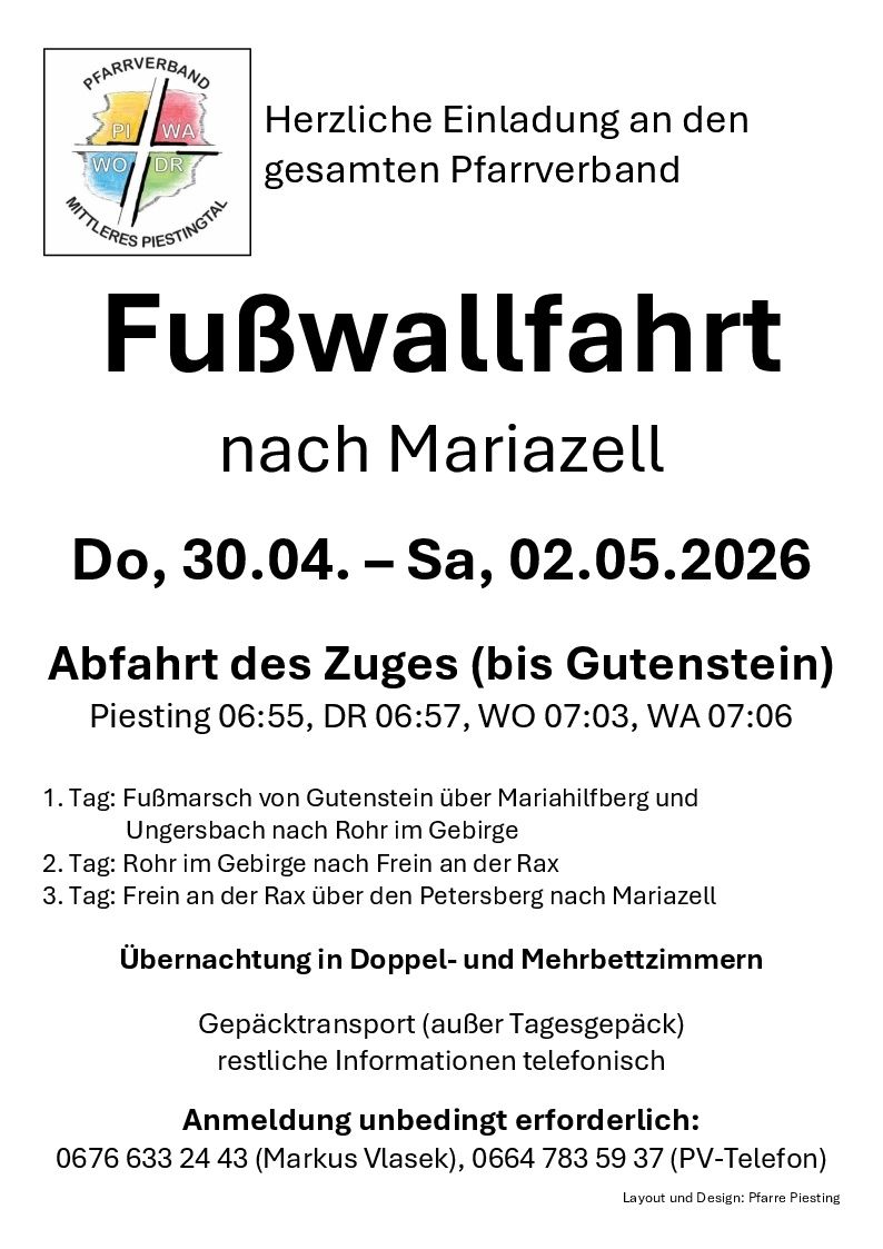 A bus trip to Mariazell from April 30 to May 2, 2026. Departure times and routes are listed. Overnight stays in double and multi-bed rooms, luggage transport, and additional information are available by phone.