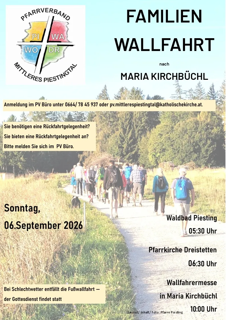 Plakat für eine Wanderveranstaltung in Maria Kirchbuchl, Österreich, am 6. September 2026. Es zeigt eine Gruppe von Menschen, die mit Rucksäcken auf einem Pfad wandern. Das Plakat enthält Details zur Anmeldung und Kontaktinformationen.