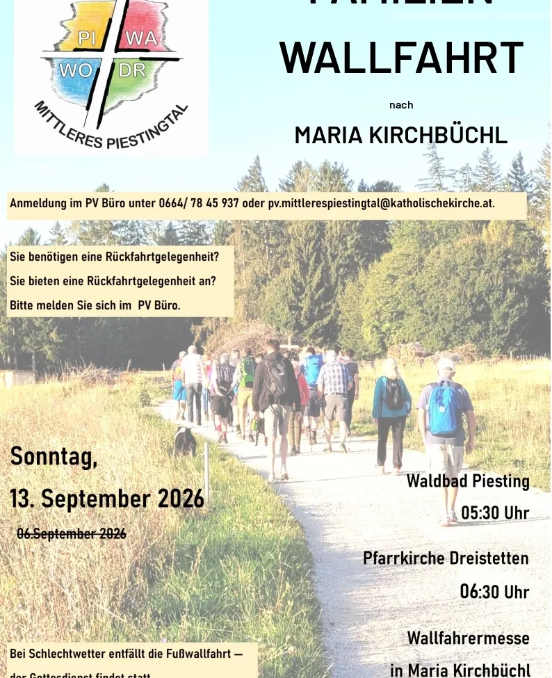 Ein Plakat für eine Wanderveranstaltung in Maria Kirchbuchl am 13. September 2026. Es zeigt eine Gruppe von Menschen, die auf einem Pfad in einem Wald spazieren. Das Plakat enthält Details wie Datum, Uhrzeit und Kontaktinformationen.