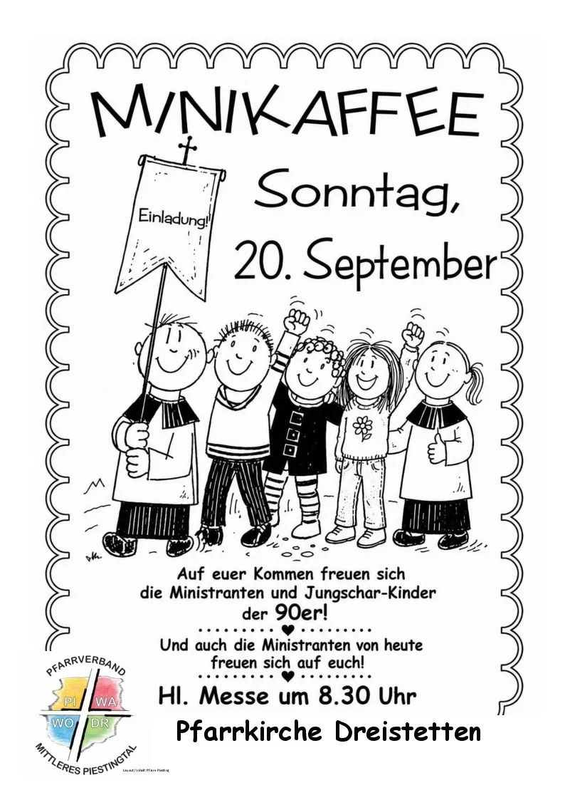 Eine Schwarz-Weiß-Illustration von Kindern, die ein Banner mit der Aufschrift 'Einladung!' und 'Sonntag, 20. September' halten. Die Kinder lächeln und heben die Hände. Unten steht 'Auf eurer Kommen freuen sich die Ministranten und Jungschar-Kinder der 90er!'.