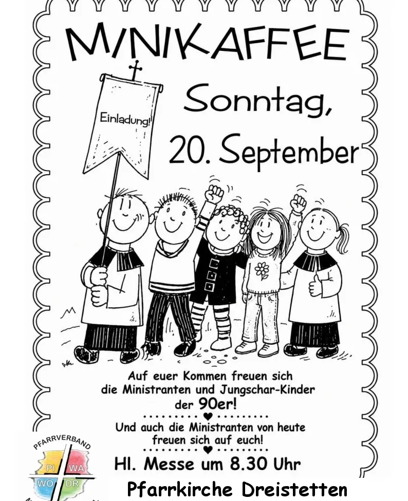 Eine Schwarz-Weiß-Illustration von Kindern, die ein Banner mit der Aufschrift 'Einladung!' und 'Sonntag, 20. September' halten. Die Kinder lächeln und heben die Hände. Unten steht 'Auf eurer Kommen freuen sich die Ministranten und Jungschar-Kinder der 90er!'.