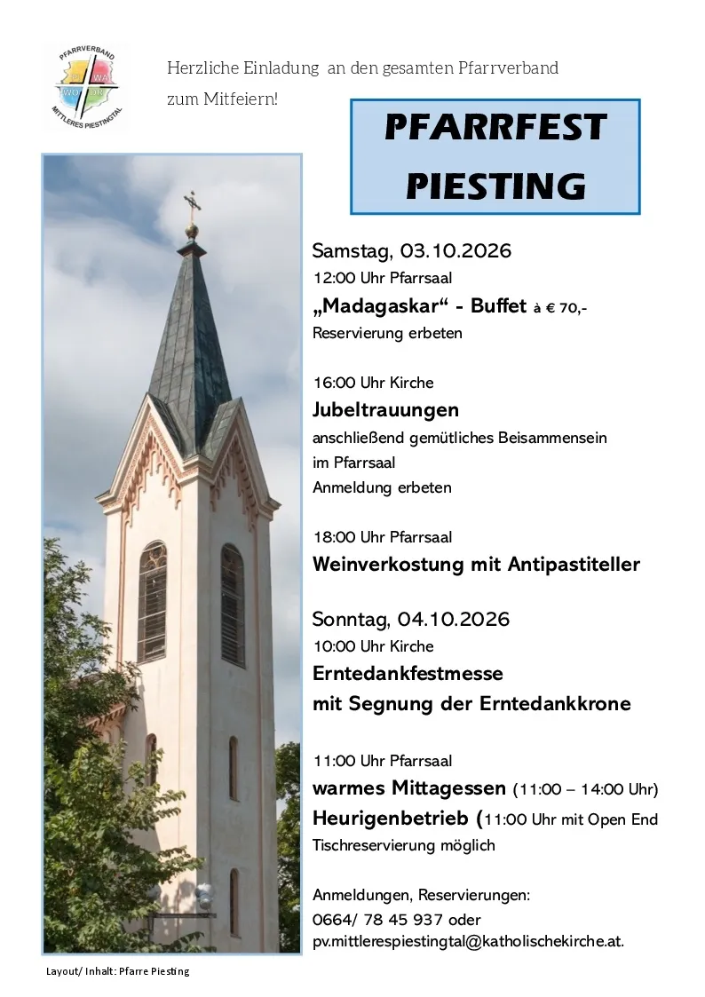 Ein Plakat mit einem Kirchturm mit einem Kreuz auf der Spitze. Das Plakat enthält einen Zeitplan für Veranstaltungen am 3. und 4. Oktober 2026, einschließlich Buffet, Gottesdienste und Weinverkostung.