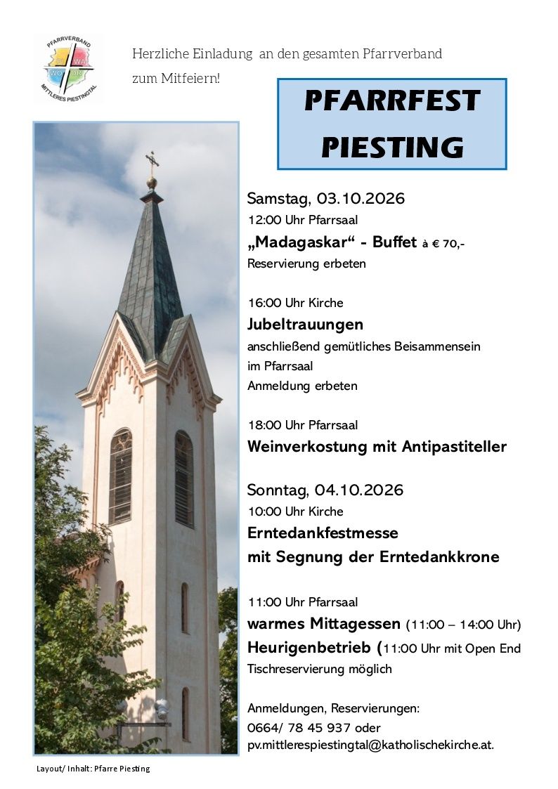 Ein Plakat mit einem Kirchturm mit einem Kreuz auf der Spitze. Das Plakat enthält einen Zeitplan für Veranstaltungen am 3. und 4. Oktober 2026, einschließlich Buffet, Gottesdienste und Weinverkostung.