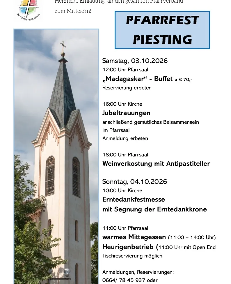 Ein Plakat mit einem Kirchturm mit einem Kreuz auf der Spitze. Das Plakat enthält einen Zeitplan für Veranstaltungen am 3. und 4. Oktober 2026, einschließlich Buffet, Gottesdienste und Weinverkostung.