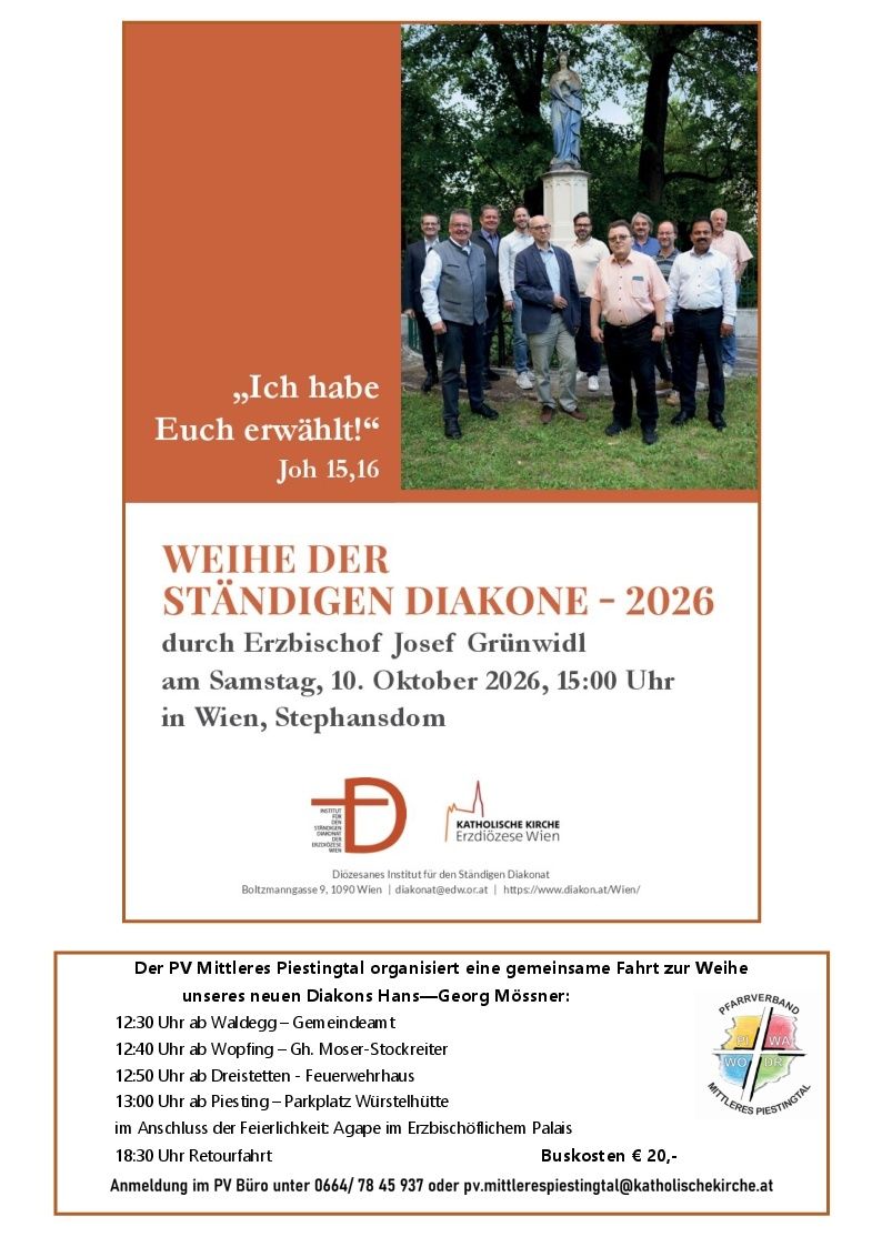 Ein Flyer für die Ordination eines ständigen Diakons, mit einer Gruppe von Männern in formeller Kleidung, die auf einem Rasen stehen, mit Text auf Deutsch.
