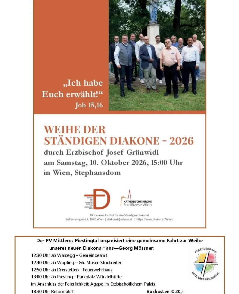 Ein Flyer für die Ordination eines ständigen Diakons, mit einer Gruppe von Männern in formeller Kleidung, die auf einem Rasen stehen, mit Text auf Deutsch.