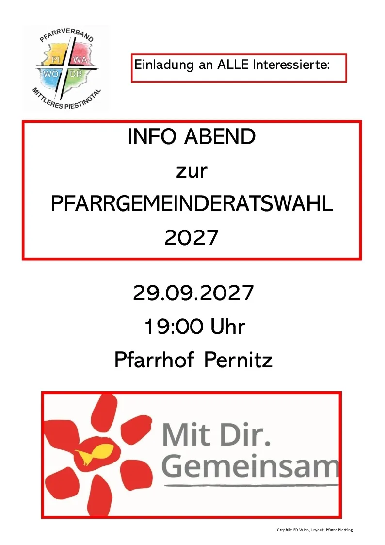 Plakat für einen Infoabend zur Pfarrgemeinderatswahl 2027, geplant für den 29.09.2027 um 19:00 Uhr im Pfarrhof Pernitz.