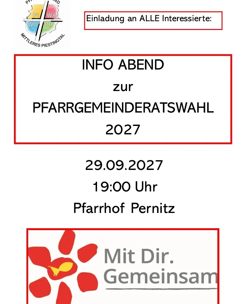 Plakat für einen Infoabend zur Pfarrgemeinderatswahl 2027, geplant für den 29.09.2027 um 19:00 Uhr im Pfarrhof Pernitz.