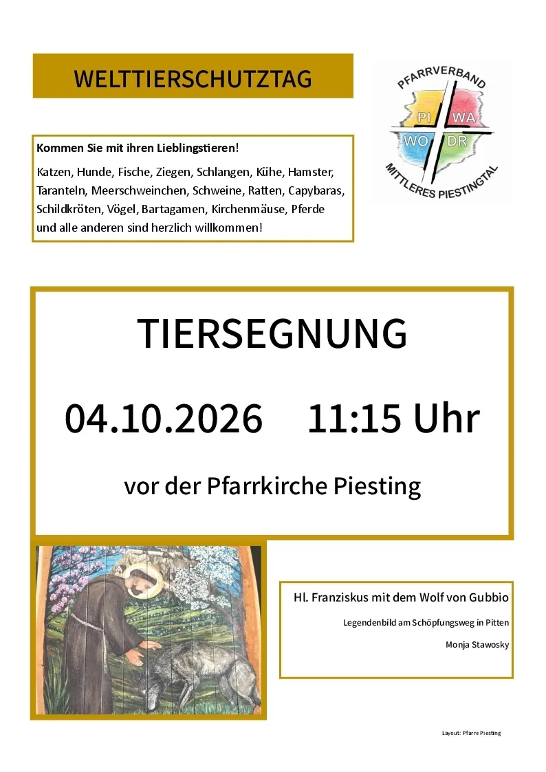 Plakat für eine Tiersegnungsveranstaltung am 4. Oktober 2026 um 11:15 Uhr vor der Pfarrkirche Piesting. Verschiedene Tiere sind willkommen.