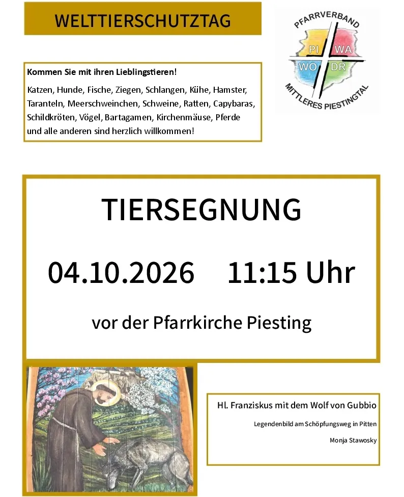 Plakat für eine Tiersegnungsveranstaltung am 4. Oktober 2026 um 11:15 Uhr vor der Pfarrkirche Piesting. Verschiedene Tiere sind willkommen.