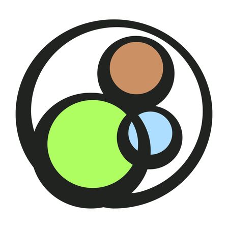 Ein abstraktes Logo zeigt einen Kreis mit drei sich überlappenden Kreisen darin, jeweils grün, braun und blau, umgeben von einem schwarzen Umriss.