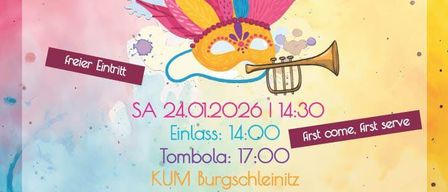 Plakat für Kinderfasching der Musikkapelle Burgschleinitz-Kuhning. Datum: Sa, 24.01.2026, 14:30. Eintritt: 14:00, Tombola: 17:00. Freier Eintritt.