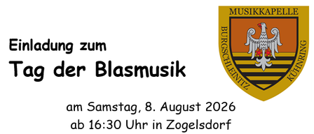 Invitation to the Brass Music Day on Saturday, August 8, 2026, starting at 4:30 PM in Zogelsdorf. The event features a golden shield with a coat of arms and a bird.