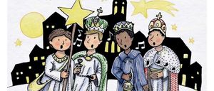Das Cover zeigt eine Zeichnung von vier Kindern in traditionellen Kostümen, die singen und Sterne halten. Sie stehen vor einer Kirche mit einem Turm und Sternen im Hintergrund.