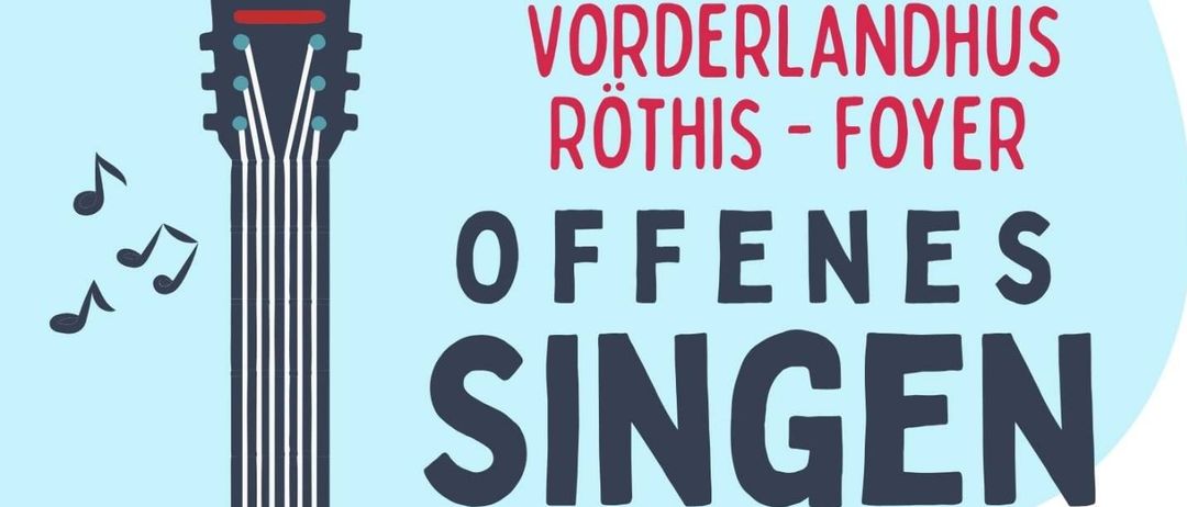 Ein Plakat für offenes Singen mit Irmbert und Robert. Das Plakat zeigt eine Gitarre und ein Akkordeon mit Noten. Der Termin ist von 15-17 Uhr. Termine sind der 25. September, 23. Oktober, 20. November und 18. Dezember 2025.