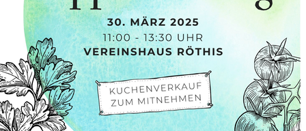 Poster for Suspension Day on March 30, 2025, from 11:00 to 13:30 at the Rothis clubhouse. Featuring a kitchen sale, supported by Biohof, Rebb, and Belvedere. Illustration of vegetables and herbs.