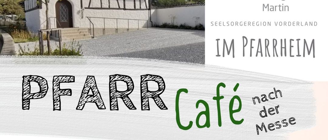 Plakat für die Pfarr Cafe Veranstaltung, das ein Haus mit den Worten 'Pfarr Cafe' und 'It's Apero O'Clock' zeigt. Das Plakat enthält auch ein Buch mit einem Kreuzsymbol und dem Text 'Messbeginn: 10 Uhr'. Die Veranstaltung ist für den 26. April und 26. Juli geplant.