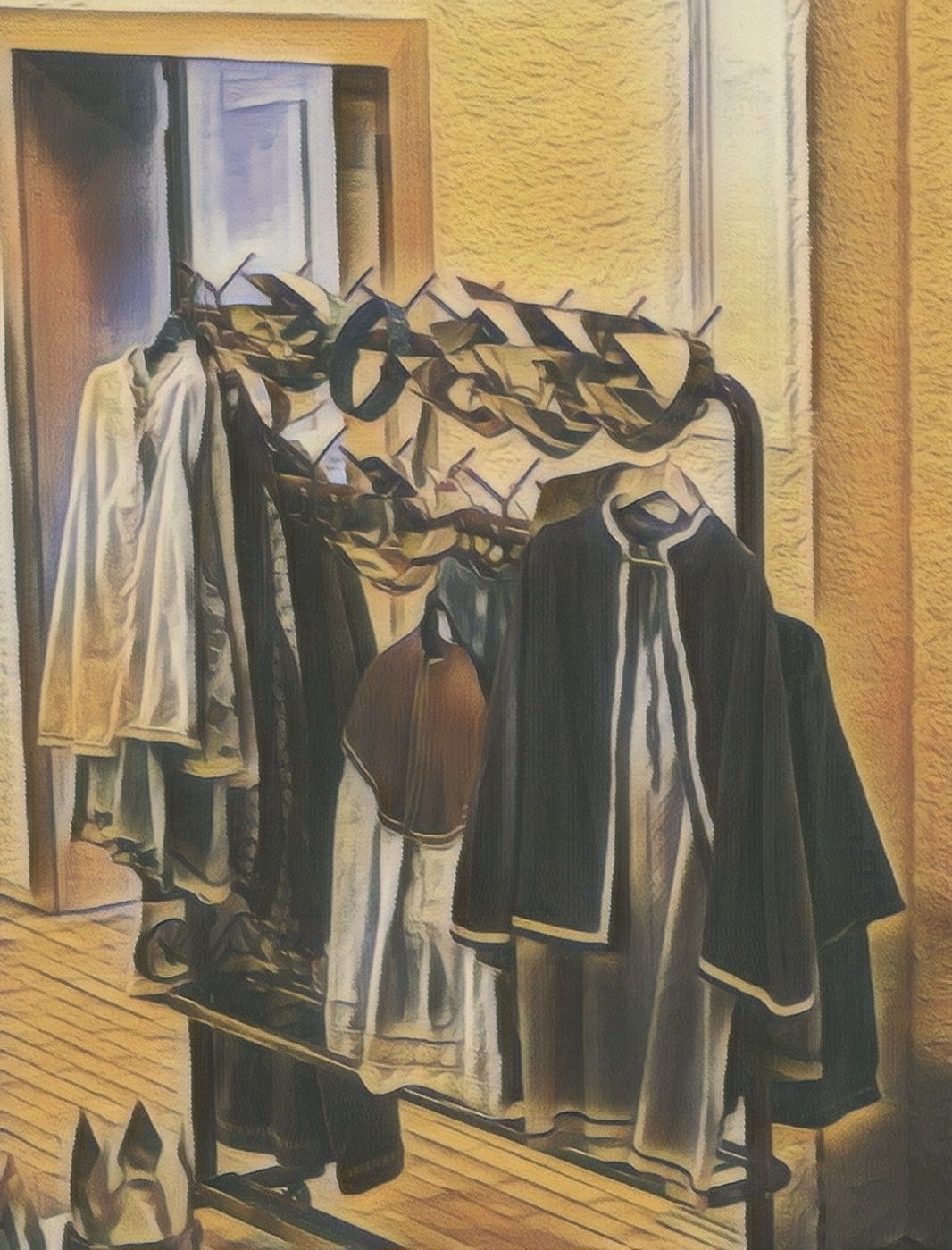 Ein Gemälde von verschiedenen Kleidern, die an einem Ständer gegen eine gelbe Wand hängen, wobei einige Schuhe auf dem Boden sichtbar sind.