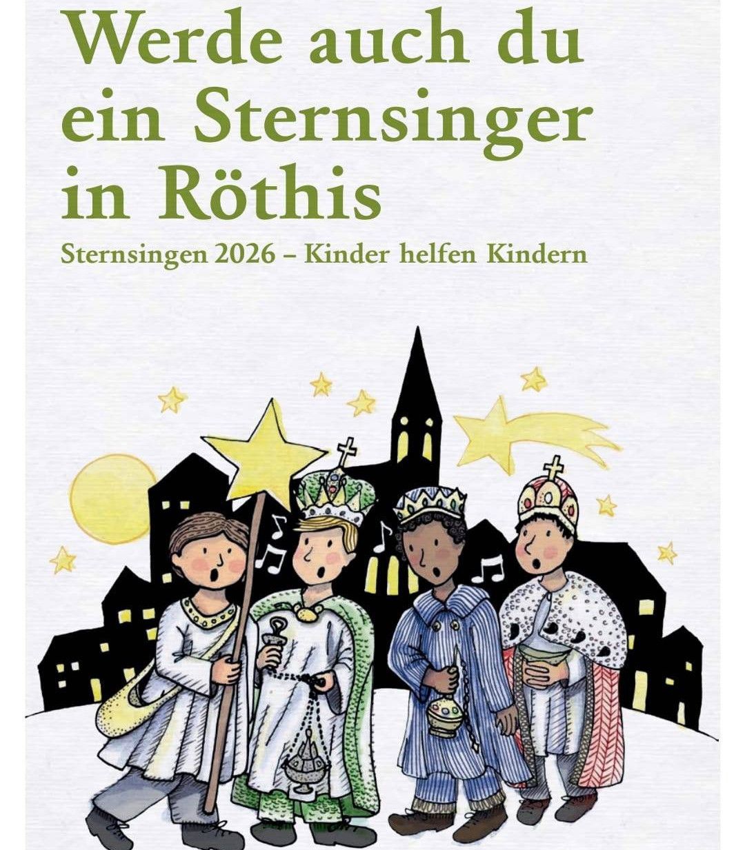Illustration von Sternsingern mit Kronen und Stäben vor einer Kirche in Röthis. Der Titel lautet: 'Wird auch du ein Sternsinger in Röthis?' Darunter steht 'Sternsingen 2026 - Kinder helfen Kindern.'