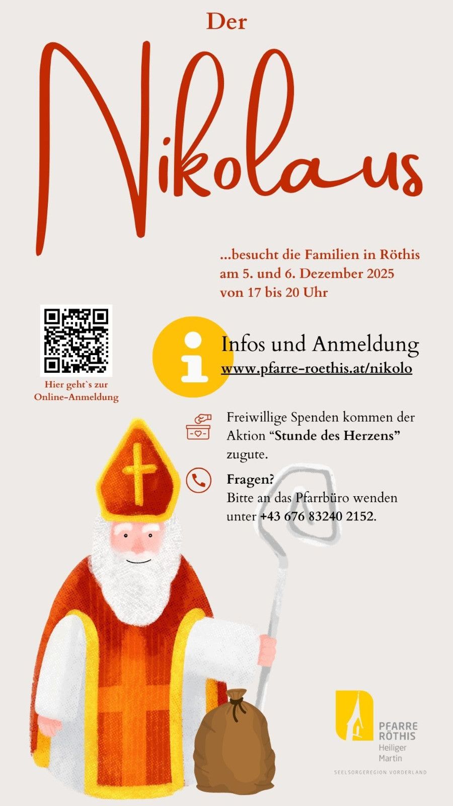 Plakat mit einer Illustration von Sankt Nikolaus. Der Text lautet 'Nikolaus...besucht die Familien in Roethis am 5. und 6. Dezember 2025 von 17 bis 20 Uhr.' Kontakt- und Spendeninformationen vorhanden.