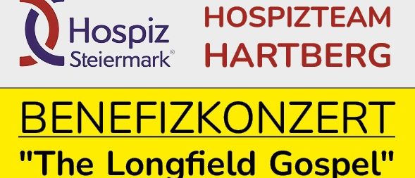 Plakat für ein Benefizkonzert im Hospiz Hartberg in Steiermark. Zeigt einen Chor in schwarzen Roben, der mit einem Dirigenten in einem weißen Anzug singt. Veranstaltungsdetails umfassen Datum, Uhrzeit und Kontakt-E-Mail.