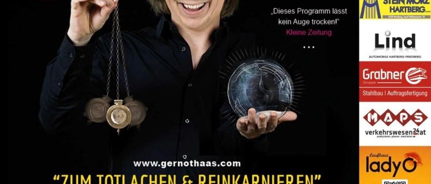 Plakat für eine Zaubershow von Esoterrisch, mit einem lächelnden Magier, der eine leuchtende Kugel und eine Kette hält. Das Datum der Show ist der 30. Januar 2026 in der Kulturhalle St. Johann i. d. Haide.