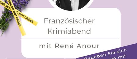 Plakat für einen französischen Krimiabend mit René Amour. Veranstaltung am 28.02.2026, Beginn um 19:00 Uhr. Ort ist Gasthaus Steirerrasst. Vorverkauf im Gasthaus Steirerrasst, Bücherplatz.