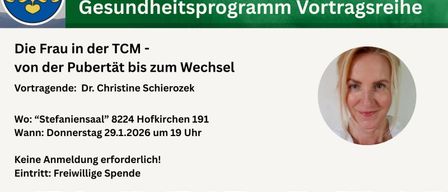 Eine Anzeige für einen Vortrag im Gesundheitsprogramm über Pubertät in der TCM, mit Dr. Christine Schierozek. Der Termin ist für den 29.1.2026 um 19 Uhr im 'Bienensaal'. Eine Anmeldung ist erforderlich, und Spenden sind willkommen.
