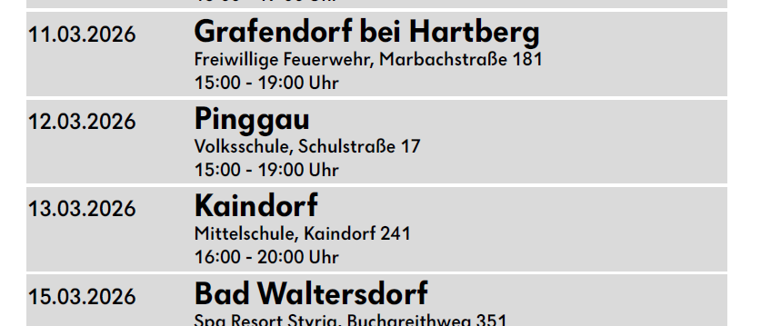 Ein roter und weißer Plakat betitelt Blutspendetermin. Es listet verschiedene Orte und Termine für Blutspenden im Bezirk Hartberg-Fürstenfeld auf. Die Orte sind Hartberg, Fürstenfeld, Grafendorf, Pinggau, Kaindorf, Bad Waltersdorf und Vorau. Jeder Ort hat ein bestimmtes Datum und eine Zeit für die Spende.