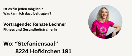Plakat für ein Event zu einem gesunden langen Leben, mit einer Frau in einem rosa T-Shirt, Details über die Referentin, Ort und Datum.