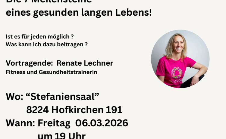 Plakat für ein Event zu einem gesunden langen Leben, mit einer Frau in einem rosa T-Shirt, Details über die Referentin, Ort und Datum.