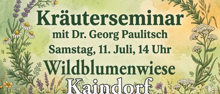 Poster for a herbal seminar with Dr. Georg Paulitsch, taking place on Saturday, July 11th, at 2 PM, at Wildblumenwiese in Kaindorf. The poster features a floral background with various flowers.