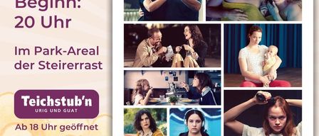 Poster für den Film 'Wunderschön' mit einer Collage verschiedener Szenen mit Schauspielern, einem Klapsbrett und dem Titel des Films. Die Veranstaltung ist für Mittwoch, den 19. August, ab 20 Uhr im Parkbereich der Steirerrasst geplant.