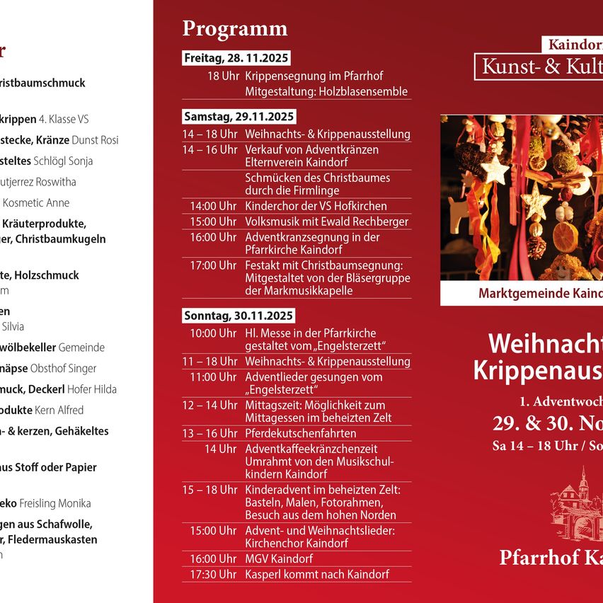 Das Bild zeigt einen Programmplan für eine Reihe von Veranstaltungen mit dem Titel 'Kaindorff'. Es enthält Details zu verschiedenen Aktivitäten wie Adventskranzarrangements, Weihnachtsbaumdekoration und Gesangssitzungen. Der Zeitplan gilt für drei aufeinanderfolgende Tage.
