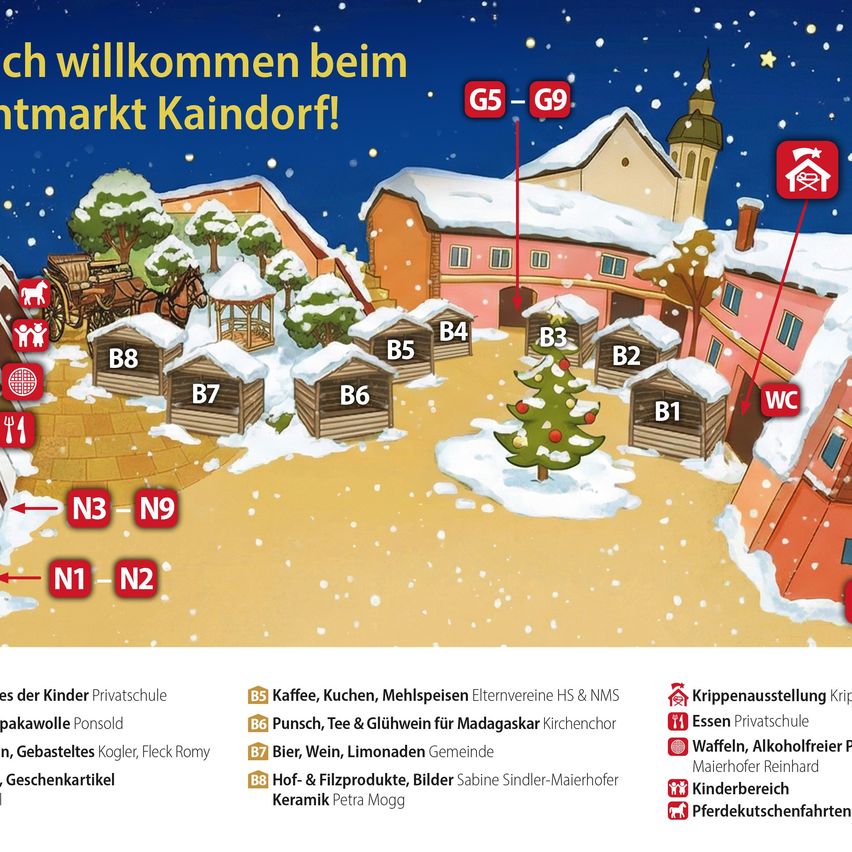 Eine illustrierte Karte des Kaindorfer Weihnachtsmarkts zeigt nummerierte Standorte mit Einrichtungen wie WC und Krippenausstellung. Einrichtungen umfassen einen Kaffeebereich, Küche und Glühweinstand. Andere Stände bieten Wein, Bier, Geschenke und einen Kinderbereich an.
