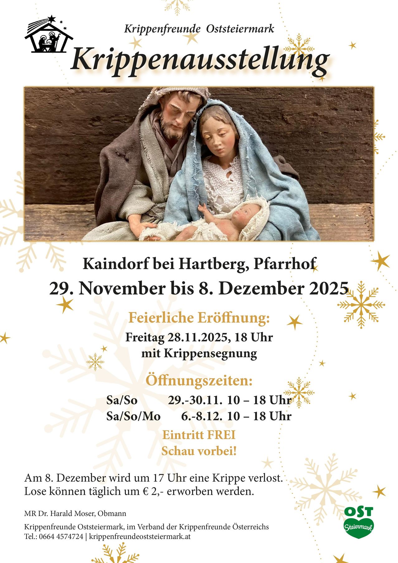 Plakat für eine Weihnachtskrippe in Kaindorf bei Hartberg, Pfarrhof, vom 29. November 2025 bis 8. Dezember 2025. Zeigt eine traditionelle Krippe mit einem Stern darüber und festlichen Dekorationen. Eröffnung am 28. November 2025 um 18 Uhr mit Segen. Öffnungszeiten: Sa/So: 10-18 Uhr, Sa/So/Mo: 10-18 Uhr. Der Eintritt ist frei. Am 8. Dezember 2025 um 17 Uhr wird eine Krippe verloren.