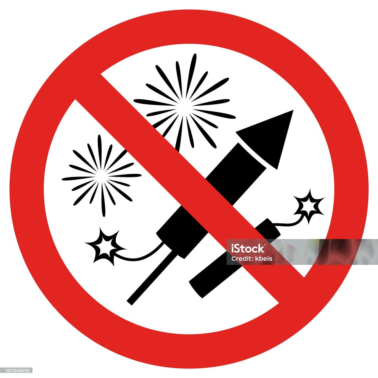 Ein roter Kreis mit einem Strich durch ihn enthält Feuerwerk und Sterne. Credit: kbeis.
