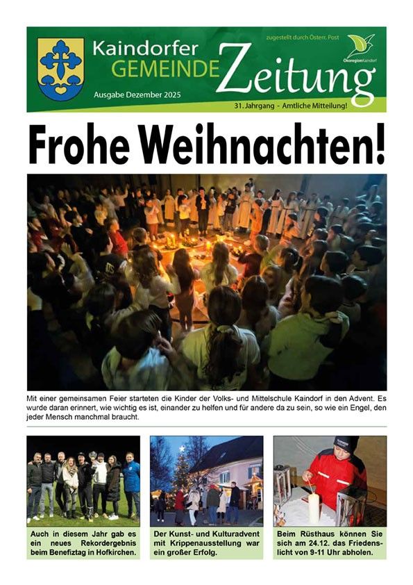 Die Gemeindezeitung von Kaindorf zeigt auf dem Titelbild eine festliche Zusammenkunft mit Kindern, Erwachsenen und Kerzen, darunter die Überschrift 'Frohe Weihnachten!'. Das Titelbild enthält auch ein kleineres Bild von Menschen, die einen Weihnachtsbaum schmücken.