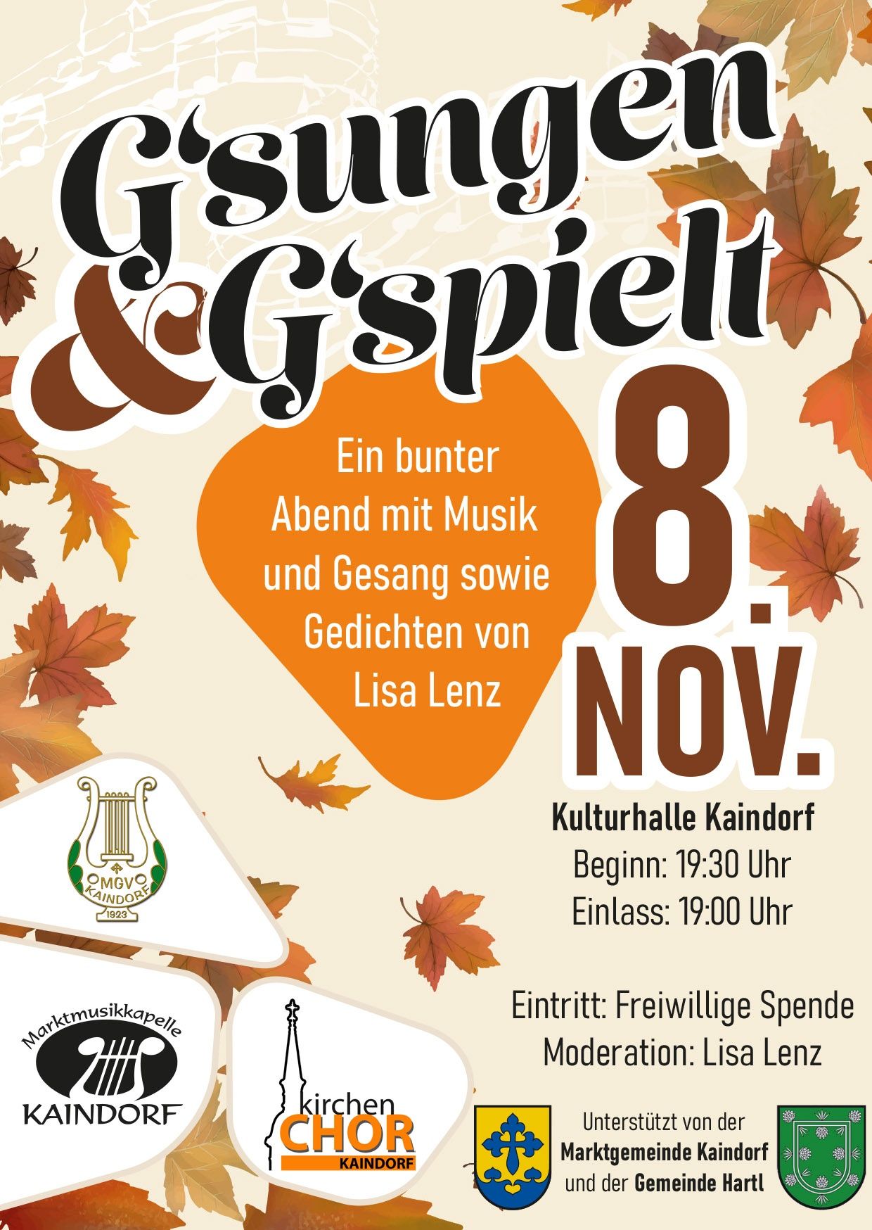 Plakat für einen Abend mit Musik, Gesang und Gedichten von Lisa Lenz am 8. November. Ort: Kulturhalle Kaindorf. Beginn: 19:30 Uhr. Einlass: 19:00 Uhr. Eintritt: Freiwillige Spende. Moderation: Lisa Lenz.