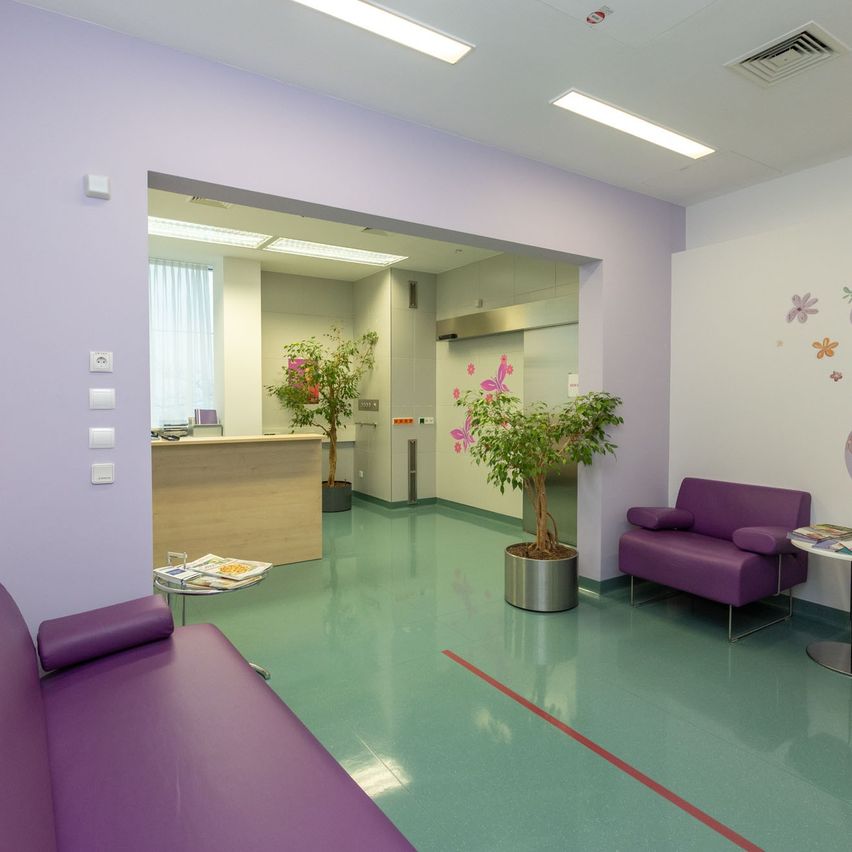 Ein violett-thematischer Raum mit grünem Bodenbelag. Es gibt zwei Sofas, Topfpflanzen und eine Rezeption mit Büchern auf einem Tisch. Eine Wand hat ein Schmetterlingsdesign.