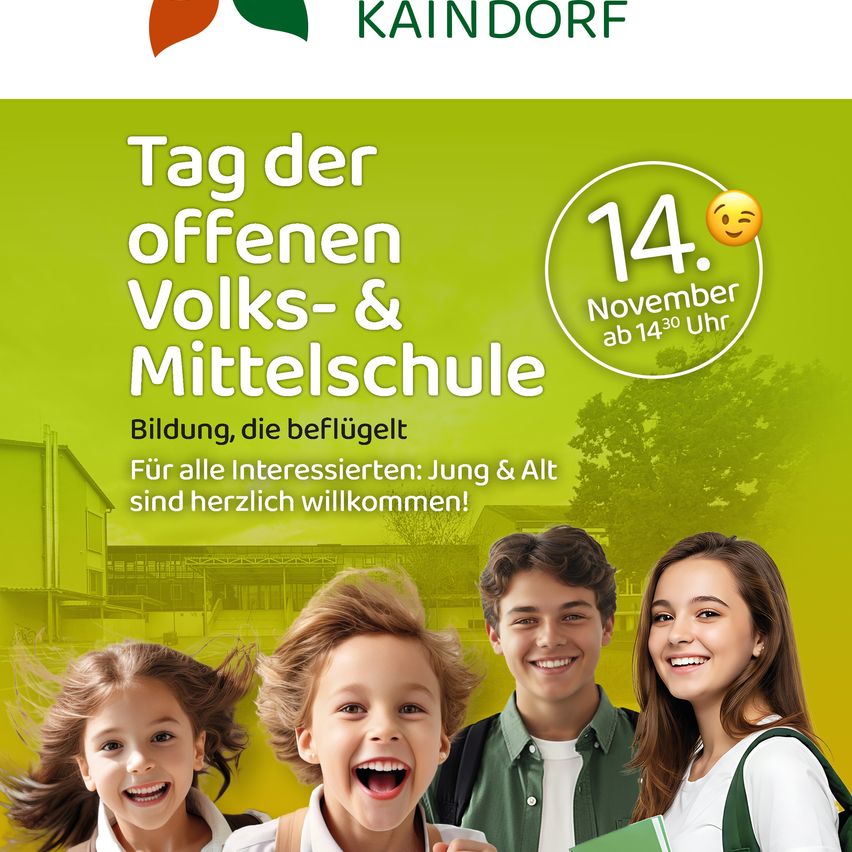 Plakat für den Tag der offenen Mittelschule. Geplant für den 14. November ab 14:30 Uhr. Es zeigt vier lächelnde Kinder und lädt alle Interessierten, jung und alt, ein.