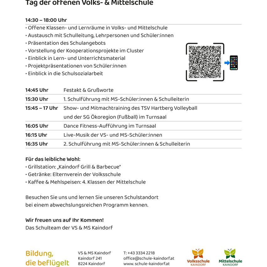 Tag der offenen Volks- & Mittelschule. Aktivitäten umfassen offene Klassenzimmer, Präsentationen, Schulprojekte, Lernmaterial und Sozialarbeit. Zeitplan: 14:45 Willkommen, 15:30 Schulführung, 15:45 Volleyball und Tanz, 16:05 Fitness, 16:15 Musik und 16:35 weitere Schulführung.